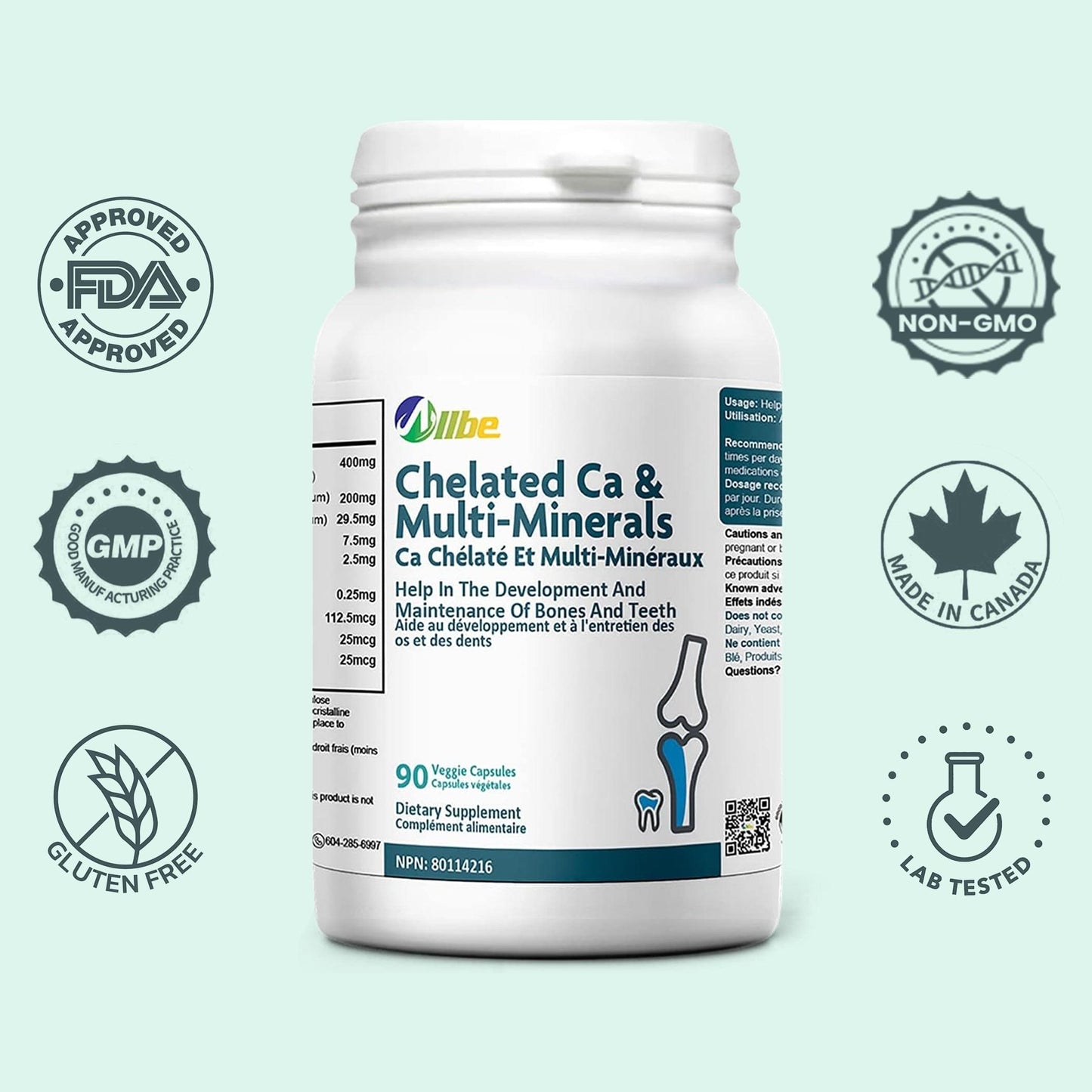 Allbe Chelated Ca & Multi-Minerals - Bone Health Support (90 Capsules)