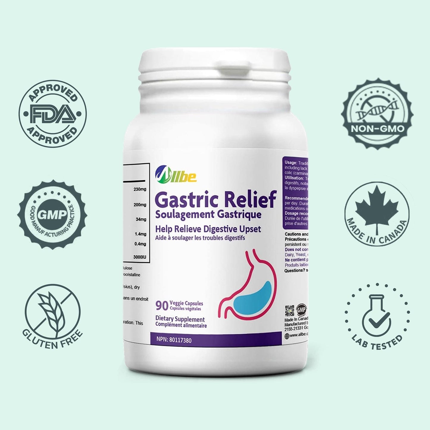 Allbe Gastric Relief - Digestive Health Support (90 Capsules)